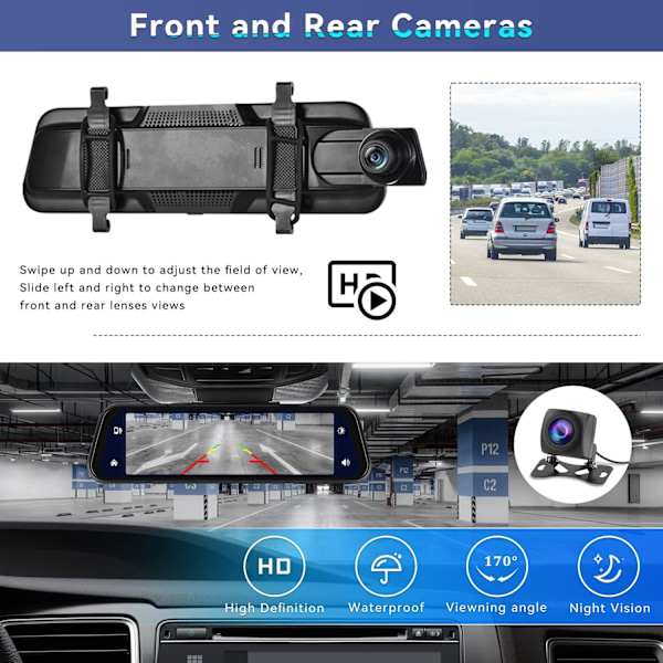 Speil Dash Cam med trådløs Apple CarPlay Android Auto, 1080P Front og bakre Dual Dash Cam for biler, lastebiler, 9,66 '' IPS Touchscree