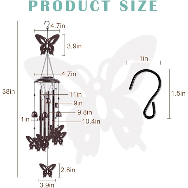 Sommerfugl-vindklokker til utendørs, 38 tommer store metallvindklokker for uteplass, hage, hagedekorasjon, innflyttingsgave Butterfly
