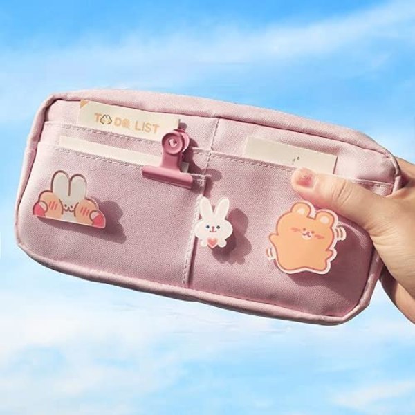 Kawaii blyantæske med 3 stk. pins Æstetisk blyantæske Kawaii stationær Kawaii skoleartikler (Pink)