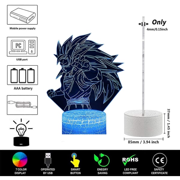 WJ 3D Illusionslampe Anime, 7 farger skiftende 3D Illusionslampe Anime, Animefigur 3D Lys Anime for Akryl LED-lampe Anime Led Lys for barn Sun Wukong når ut-b