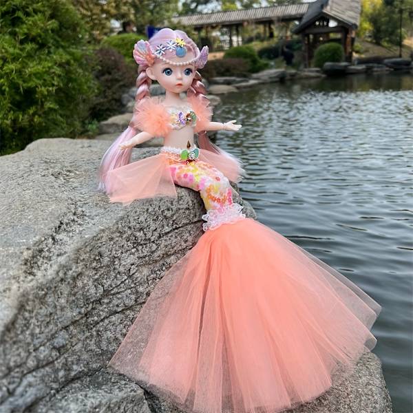 45cm/17,72 tum Havsfru Docka Flicka Leksak Blåögd Barn Prinsessa Docka Bröllopsklänning Docka Familj Födelsedagspresent Fiskstjärt Kan Fällas Ut, Jul Orange