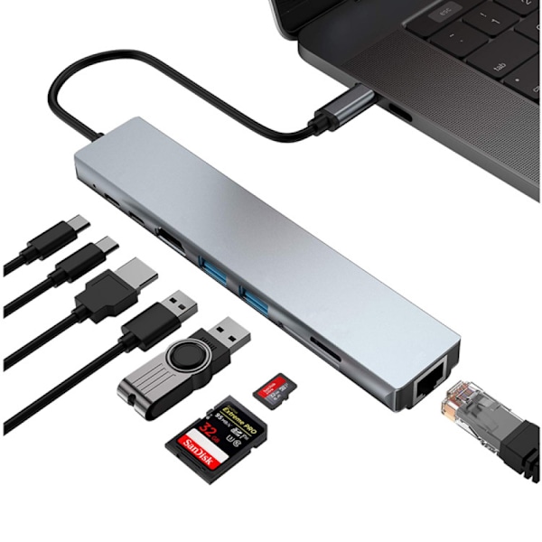 8 i 1 Typ-C till 4k för Hdmi Dockningsstation Adapter Snabbladdare Dockningsstation