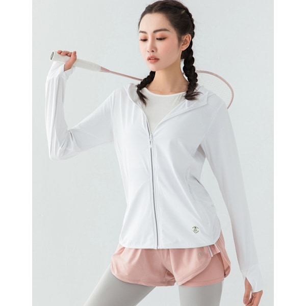 UPF 50+ UV-beskyttende solbeskyttelse til kvinder, lynlås-hættetrøje, langærmet fiske-, løbe- og vandreturejakke, udendørs performance-shirt, hvid, 4XL