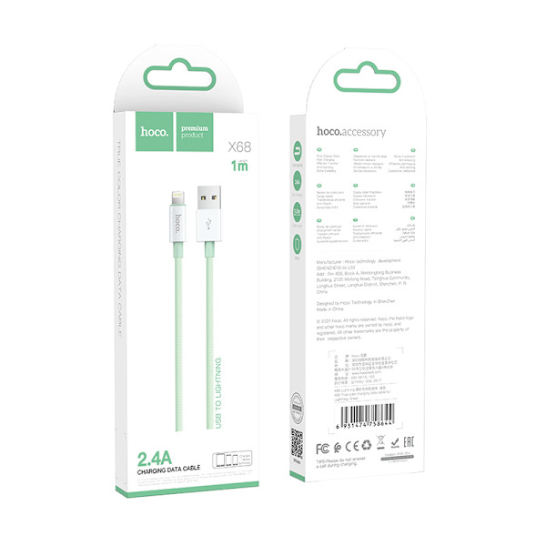 hoco. X68 ægte farve 2.4A opladningsdatakabel til iPhone Lightning nylon flettet kabel