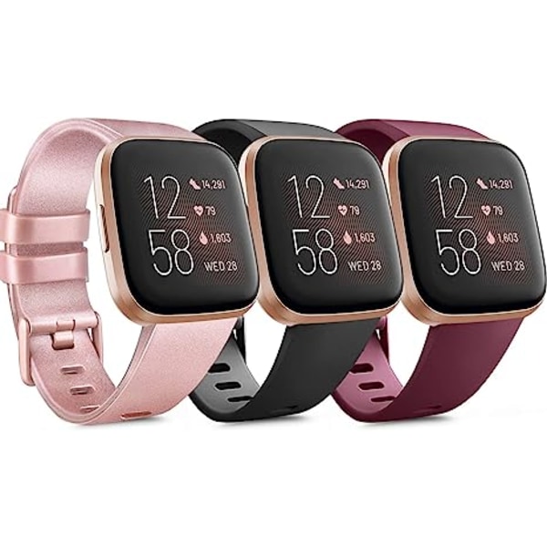 PAKKE 3 Myke Silikonbånd for Fitbit Versa 2 / Fitbit Versa / Fitbit Versa Lite Klassiske Justerbare Sportbånd for Kvinner Menn Små Store (Uten Tra