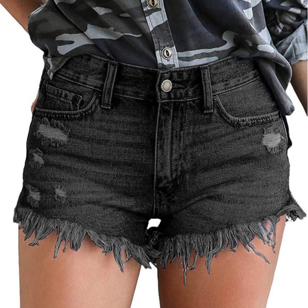 Kvinnors casual denimshorts med fransad rå fåll, slitna jeansshorts --- Svart grå (storlek M)