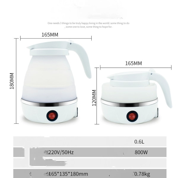 Ultratunn uppgraderad matkvalitet silikon rese hopfällbar elektrisk vattenkokare torrkokningsskydd bärbar, 600 ml 110-220 V (vit)