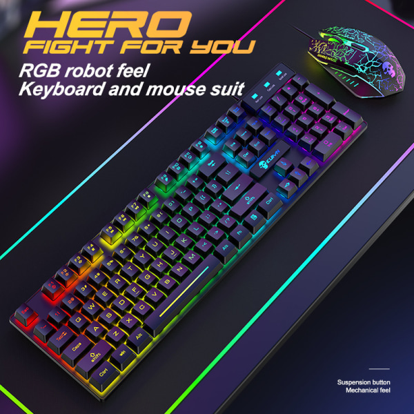 T6RGB Yükseltme Kablosuz Klavye Mouse Combo, Gökkuşağı Arkadan Aydınlatmalı 2.4G Şarj Edilebilir Mekanik Duyarlı Oyun Klavyesi + 2400DPI 6 Tuşlu Opti