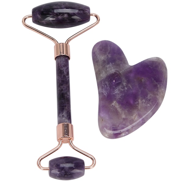 Bærbar ansiktsmassasjerull, ansiktsmassasjerull, hjerteformet Gua Sha-tavlesett (ametystrull, hjerteformet Gua Sha-tavle)