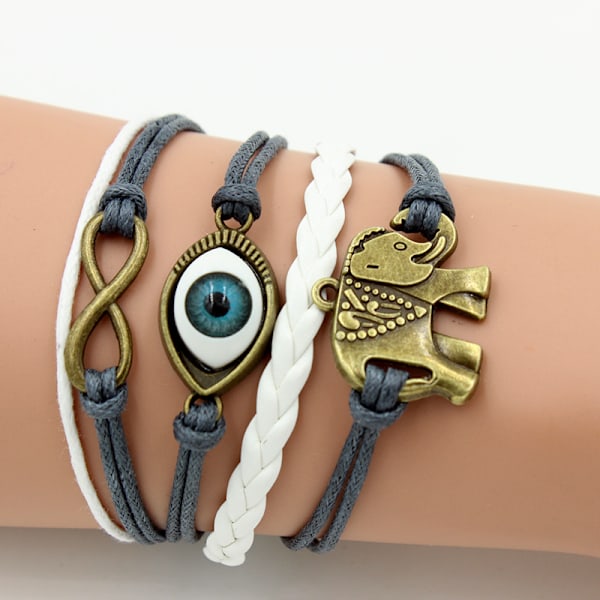 Flätat läderarmband med elefant och ont öga, armband med flera kombinationer