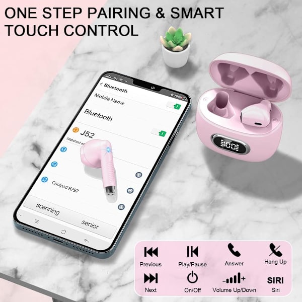 Trådløse ørepropper, Bluetooth-hodetelefoner 5.3 Stereo Bass 42H In-Ear-øretelefoner 2024 Støyreduserende ørepropper 4 ENC Mikrofonanrop Bluetooth E