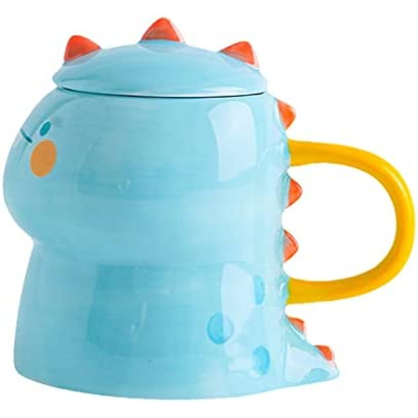 Dinosaur krus med låg 3D krus Keramisk mælkekrus Kaffe krus Tekop Par krus Fødselsdagsgave (dinosaur, blå, 450 ml)
