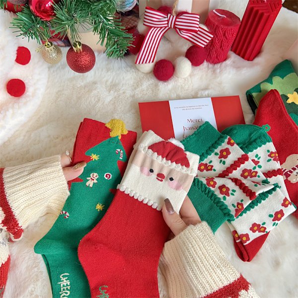 Joululahjasukat Lasten puuvillaa Syksy ja talvi Keskituubi Sukat Iso punainen Söpö ins Sukat Green Christmas Tree 1 pair
