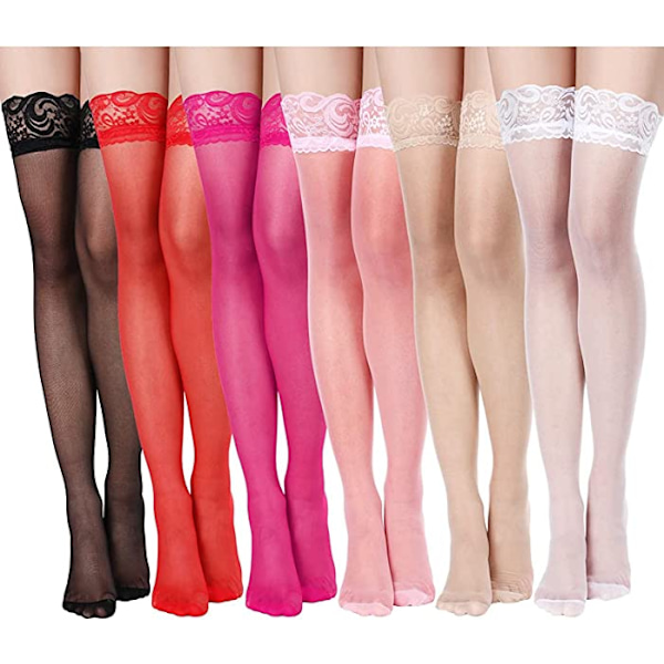 Lace Sheer Thigh High Strømper 3 Par Opaque Hold Up One Size til Sorte Kvinder, Rød