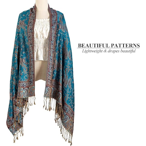 Pashmina-tyylinen huivi naisille, pehmeä ja silkkinen, kääntyvä, teal