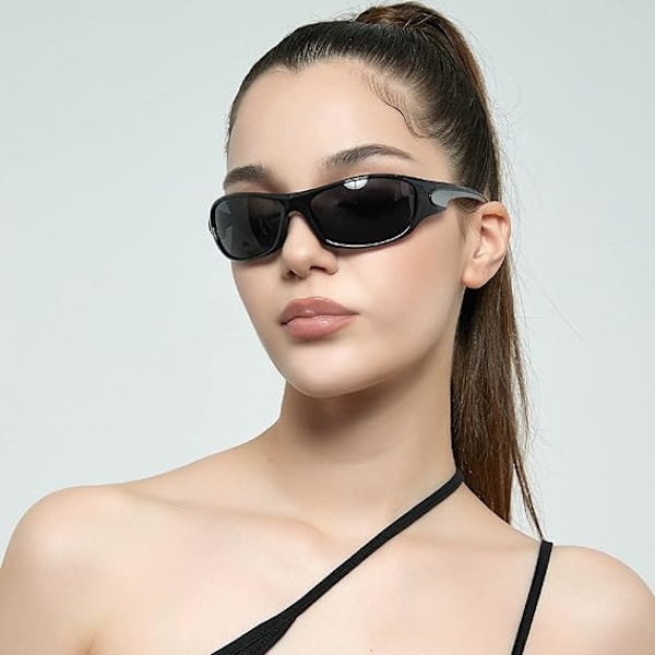 Wrap Around Y2k Sport Solbriller Goggle Nye Kvinner Menn 2000-talls Punk Speil Solbriller Kvinnelige Shades Briller UV400 Black
