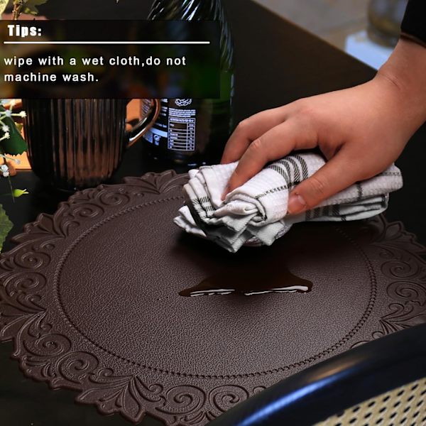 Runda Underlägg i Konstläder, 15 Tum, 4-pack, Halksäkra, Hållbara, Värmebeständiga, Tvättsbara, Vattentäta Bordstabletter för Matbord Coffee 4 pcs
