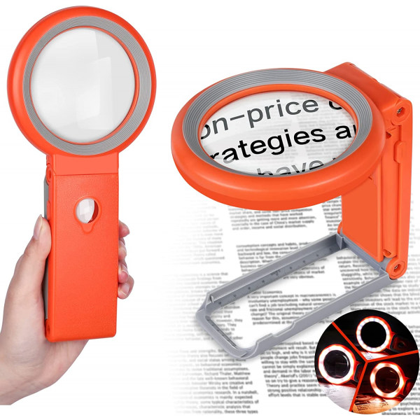 30X 10X förstoringsglas med ljus och stativ, stort upplyst förstoringsglas 18 LED-upplyst handhållen förstoringsglas Vikbar orange