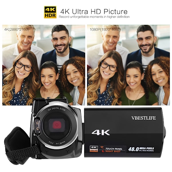 VBESTLIFE 4K Wifi Digitalkamera Nattvision Videokamera 16X Zoom 48MP 3\" med Batteri