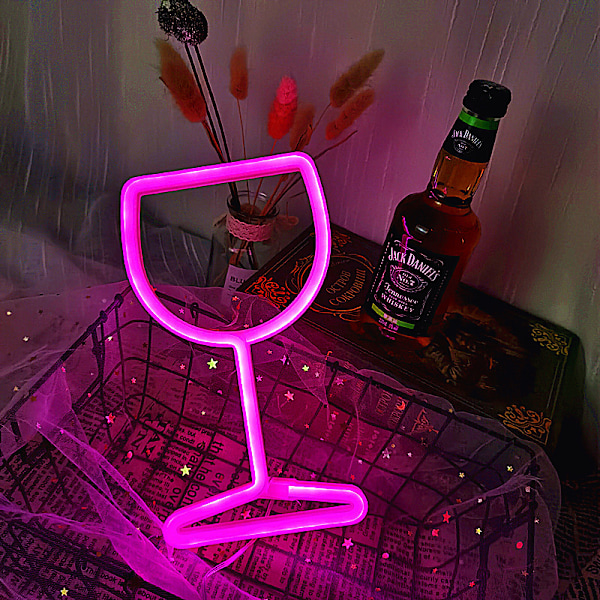 Neon skilte LED vinglas neon lys neon skilte til vægdekoration batteri eller USB-drevet soveværelse neon lys（Pink）