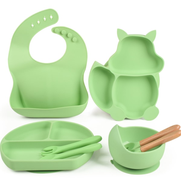 Baby Plate Bowl, Baby Cutlery Set Mini Silicone Dinner Tableware Baby Plate Suction Cup Non-Slip Baby Plate (Plate + Spoon + Fork) Light Green