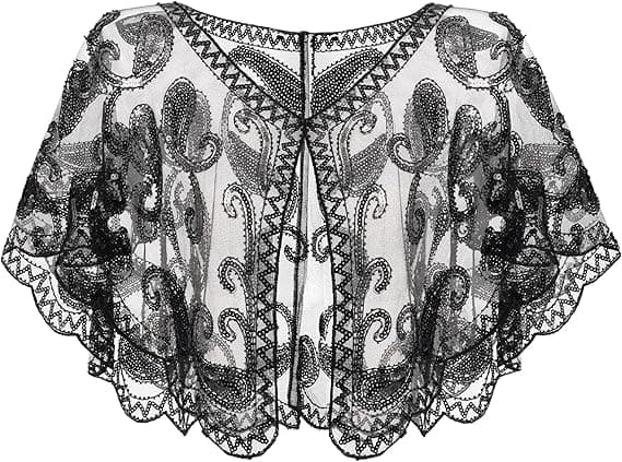 Kvinders 1920'er Flapper Sjal, Sequinbesatte Sjal og Wraps til Aften Sort