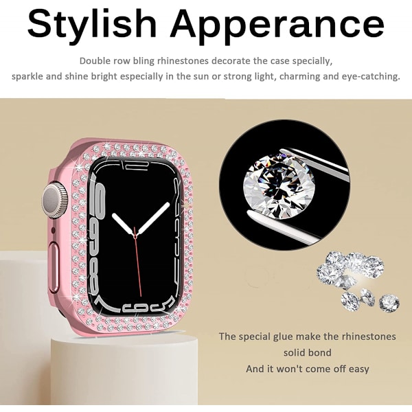 Apple Watch Series 7 41 mm:lle, Luksusinen Kristalliriipusinen Jäykkä PC-Kehys Kotelo Apple Watch Series 7 - Kaikki Puolen Bumper Kotelo (vaaleanpunainen)