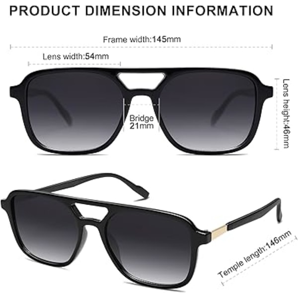 Retro Aviator Solbriller til Kvinder Mænd, Trendy Rektangulære Dame Herre Solbriller SJ2202 Black Frame/Grey Grading Lens