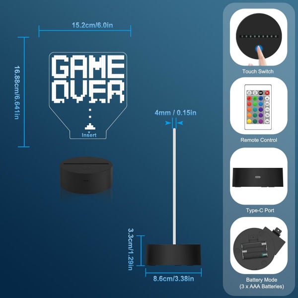 WJ Game Over Pixel-valo, 3D-illuusio Optinen Yölamppu Kaukosäätimellä + Ajastimella 16 Väriä Vaihtuvaa, Lasten Yöpöytälamppu Pelihuoneen Sisustus Liitä Virtaan Paras Jännä