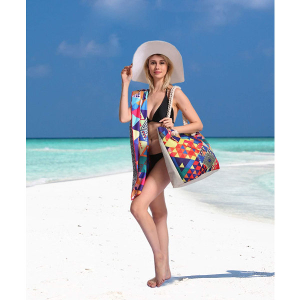 Stor strandväska för kvinnor, vatten- och sandtålig tygväska med innerficka och dragkedja