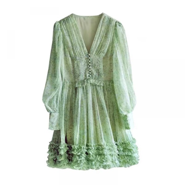 Naisten 2023 Kesä Syvä V-Kaula Solmittu Kerroksittainen Chiffon Elegantti Mini Lyhyt Swing Skater Mekko (Vihreä XL)