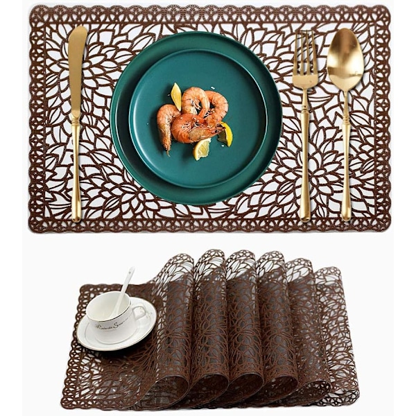 Muoviset vedenpitävät tabletit, 6 kpl, ruokapöydälle, pyyhittävät, pestävät vinyyli-PVC-kahvilatabletit keittiöön, ruskea C-browm Set of 6