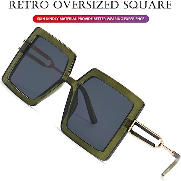 Överdimensionerade solglasögon för kvinnor, fyrkantiga, stora mode solglasögon med UV400-skydd Olive Green/Grey