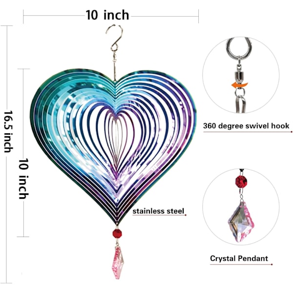 Ulkoilma Metalli 3D Tuulensuojain Riippuva Piha Puutarha Sisustuslahjat Ruostumattomasta Teräksestä Sydänkuvioiset Pyörijät 360° Kiertävällä Gradient Color Heart