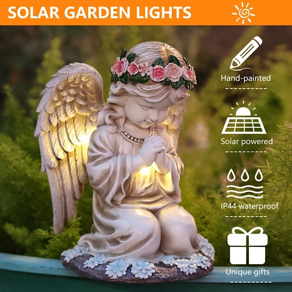 Solcellsdrivna Trädgårdsstatyer Utomhus, Resin Böneängel Figurin Lampa för Uteplats, Balkong, Trädgård, Gräsmatta Ornament, Unik Inflyttningspresent