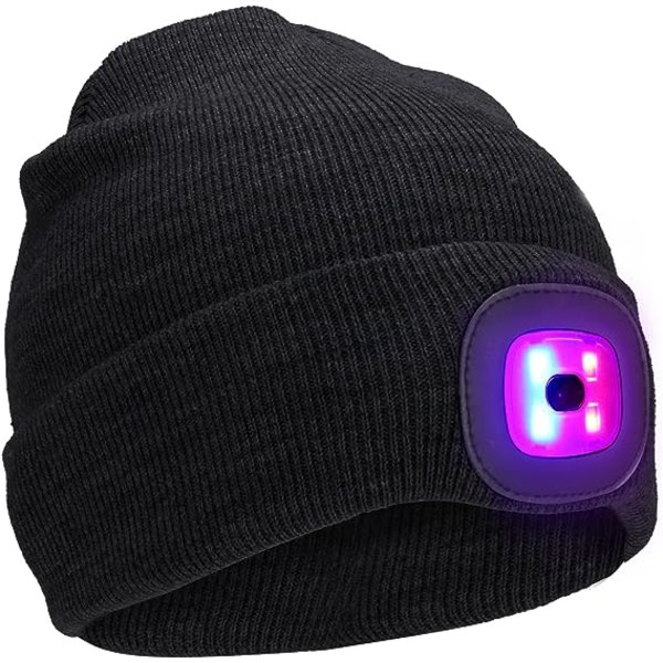 LED Vinterhue Mænds Vinterhue LED Hue 4 LED Forlygte Hue LED Forlygte Vinter Strikhue Sort