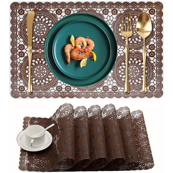 Muoviset vedenpitävät tabletit, 6 kpl, ruokapöydälle, pyyhittävät, pestävät vinyyli-PVC-kahvilatabletit keittiöön, ruskea Cc-brown Set of 6