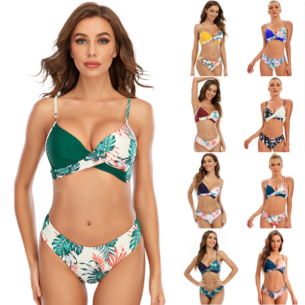 Bikini for kvinner med blomstermønster, blonder og V-hals, todelt badedrakt, blå-4, S