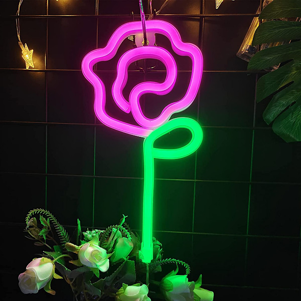 Neonrosa rosblomma neon skylt USB/batteridriven nattlampa LED väggskylt väggkonst för nattlampor lys upp skyltar（rosa）