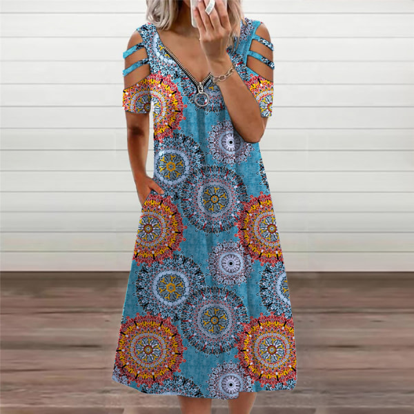 Sommarblommigt print för kvinnor med kors V-ringad klänning Bohemian Flowy Långa Maxiklänningar, blå (M)