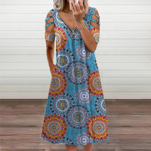Sommerkjole til kvinder med blomsterprint, krydsende V-hals, boheme-stil, lang maxi-kjole, blå (M)