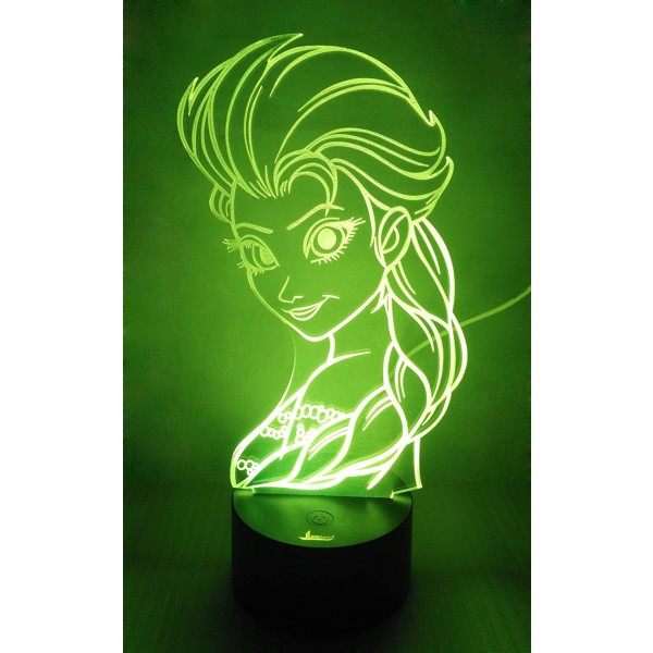 Princess Elsa 3D Natlampe LED Illusion Lampe Sengebord Bordlampe, 7 Farveskiftende Lys med Akryl Flad & ABS Base & USB Oplader