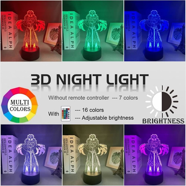 WJ Anime Light Rengoku Kyoujurou Figur 3D Led Illusion Natlampe Touch/Fjernbetjening Farveskiftende til Værelsesindretning Manga Sengebords USB Bordlampe
