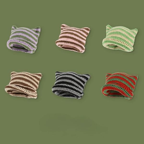 Kvinde Y2K Djævel Striber Vinter Tyk Strikkede Hue Hat, Katteøre Hæklet Slouchy Koreansk Skully Cap Fleece Uld Hat Purple