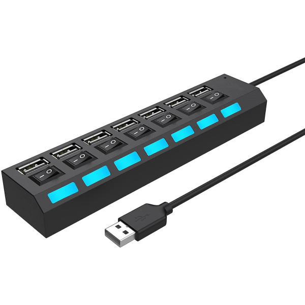 Multi USB splitter, 7 i 1 USB 2.0 hubb med höghastighets individuella på/av-brytare med lysdioder USB hubb (7 portar USB A)