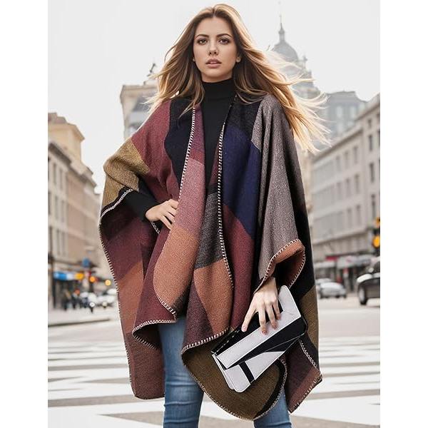 Damekappe med åpen front, reiseponcho, varm overdimensjonert pleddgenser, avslappet cardigan, sjal for høst og vinter, khaki