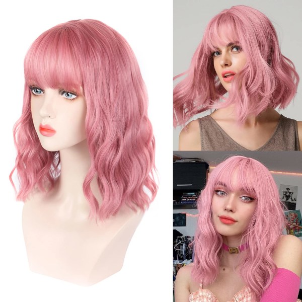 Rosa peruker för kvinnor, pastellvågig peruk med luftsmäll, vågiga lockiga peruker Syntetisk kort axellängd peruk, värmebeständig fiber cosplay peruk