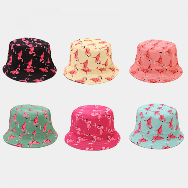 Sööt Bucket Hat - Rantakalastajan Hattu Naisille, Kääntyvä Kaksipuolinen Unisex (Flamingot, Keltainen)