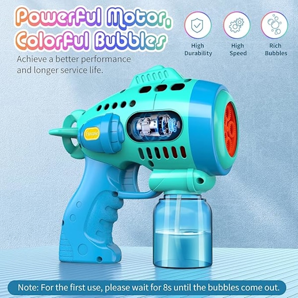 Bubble Gun med Bubbelvätska, Bubbelmaskin för Småbarn med 360-Graders Läckagesäker Design, Ergonomiskt Grepp, Automatiska Bubbelpistoler