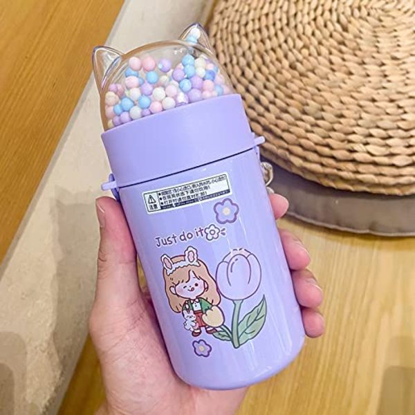 Vanflaske for skolebarn med glitrende rustfritt ståltermos med kattesekvenslokk Cystal-stroppkopp bursdagsgave (jente lilla C, 280 ml)